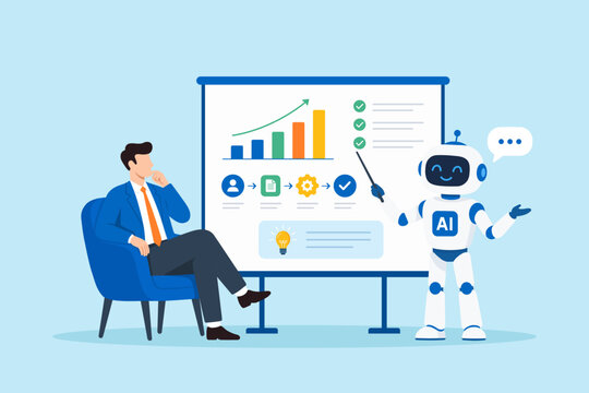 Flat illustration AI assistant training businessman presentation board onboarding employee digital mentoring workplace learning business coaching workforce development
