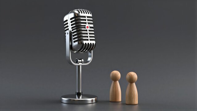 Vintage microphone faces two wooden figures, symbolizing communication or performance.