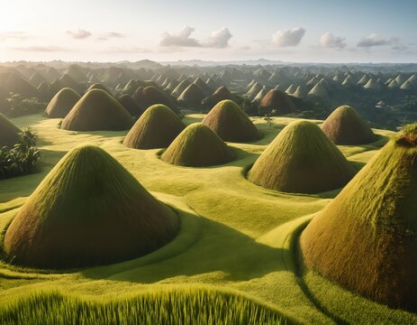Hyper-realistic professional photo of Conical grass-covered mounds of Chocolate Hills in Bohol

