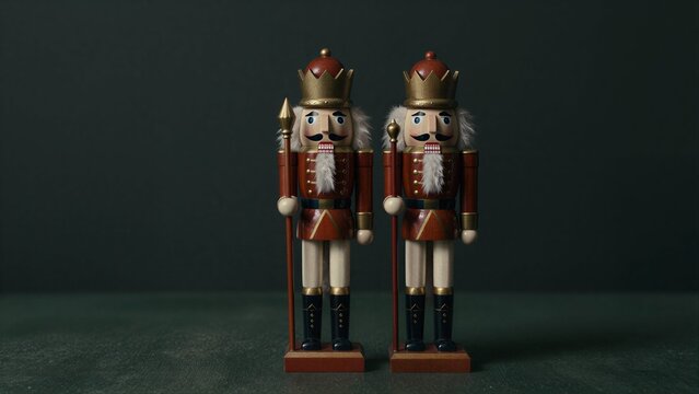 Two wooden nutcracker soldiers stand side by side, dressed in regal armor.