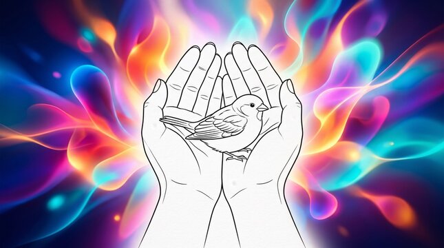 Abstract outline hands holding a small bird against colorful light waves background with outline art spiritual art abstract lights