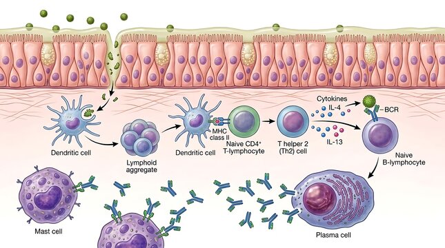 Scientific diagram of the allergic sensitization pathway including dendritic cells, T-lymphocytes, and B-lymphocytes leading to plasma cell antibody secretion and mast cell priming
