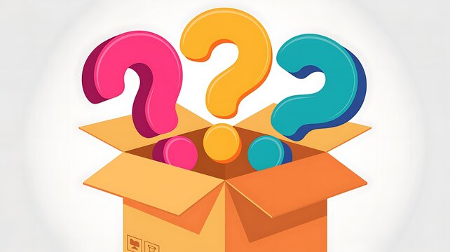 Colorful question marks emerging from an open cardboard box representing faq and solution concepts with question mar