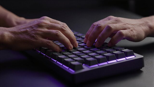 Hands type on glowing purple keyboard under dim lighting.