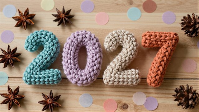 A collection of knitted numbers forming the year 2027