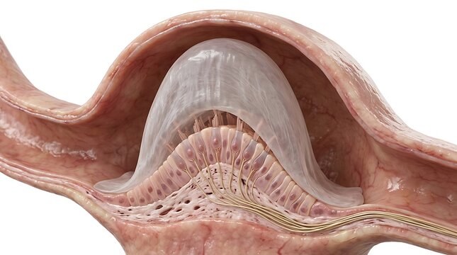 Detailed 3D render of the inner ear ampulla and crista ampullaris featuring the cupula and hair cells responsible for sensing rotational acceleration and maintaining equilibrium