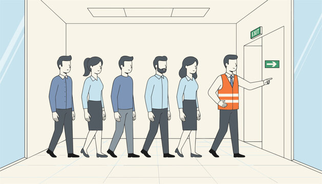 Safety warden in an orange high visibility vest points toward an emergency exit door while leading employees through a hallway.