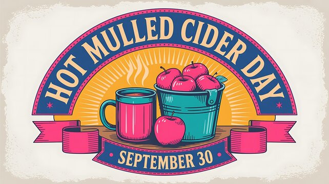 Hot mulled cider day september 30 vintage poster with mug and bucket of red apples apple bucket autumn drink