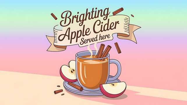 Brighting apple cider served here vintage style poster illustration with a glass mug cinnamon sticks and sliced