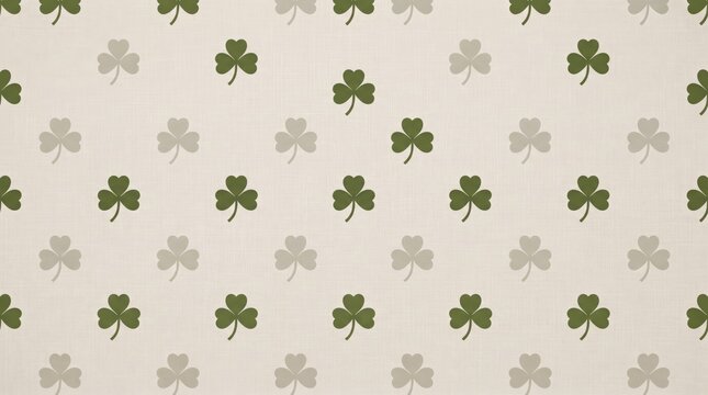 Green shamrock clover leaf pattern on textured beige fabric background with textile texture st patricks holiday background
