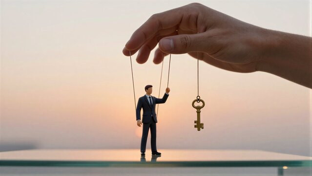 Hand controls miniature businessman with key, symbolizing power and decision-making.