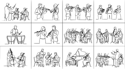 Fototapeta premium Orchestra Musicians Playing Instruments, Conductor Leading, Music Performance Art