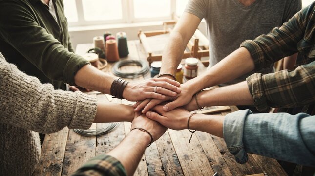 Teamwork hands stacked together in creative artisan workshop