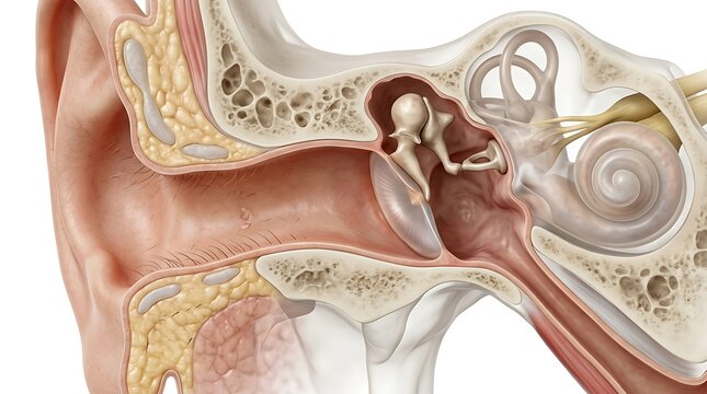 Detailed anatomical cross section of the human ear showing the external auditory canal, tympanic membrane, middle ear ossicles, cochlea, and semicircular canals for medical education and healthcare.