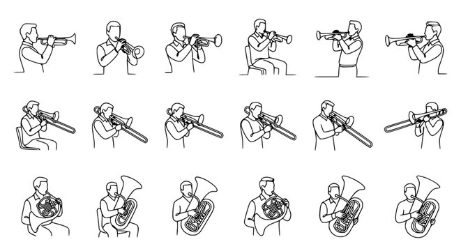 Musicians Playing Brass Instruments: Trumpet, Trombone, Tuba - Line Art Collection