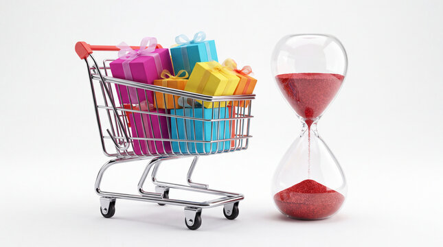 A miniature shopping cart filled with colorful wrapped gift boxes sitting next to a glass hourglass, representing limited time offers and holiday shopping.