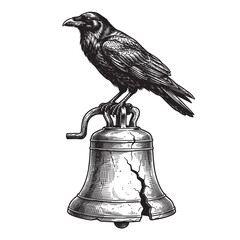Naklejka premium raven perching cracked bell engraving