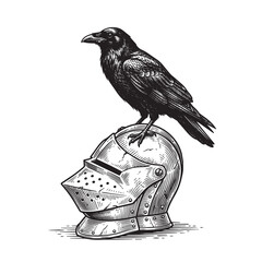 Naklejka premium raven perching knight helmet engraving