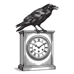 Naklejka premium raven perched vintage mantel clock engraving