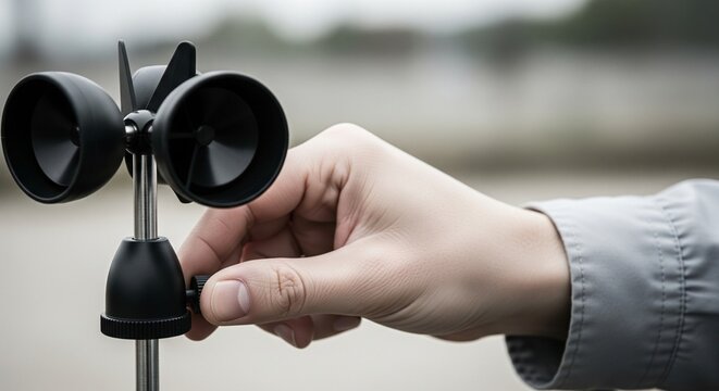 Hand adjusting an anemometer weather instrument near water
