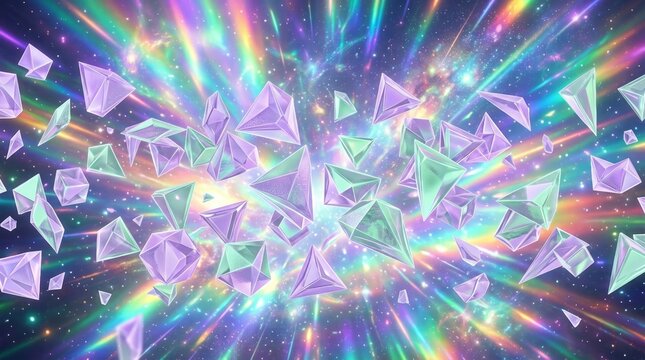 Floating Purple And Green Crystal Shards With Vibrant Rainbow Light Rays On A Dark Cosmic Background