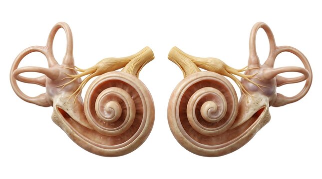 Symmetrical anatomical illustration of a pair of human inner ear structures including the spiral cochlea and semicircular canals with auditory nerves isolated on a plain white background.