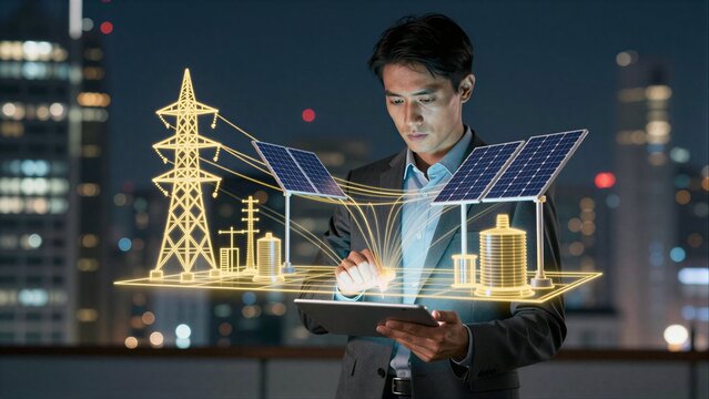 Man analyzes renewable energy systems on tablet against city skyline at night.