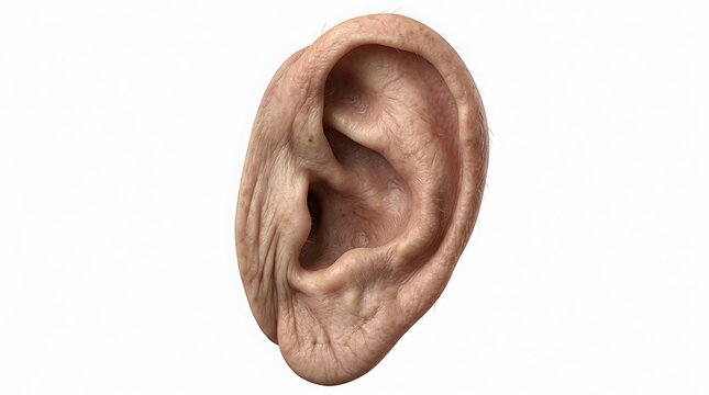 Close up anatomical illustration of a human outer ear showing detailed skin texture and cartilage folds of the pinna isolated on a white background for professional medical and educational use.