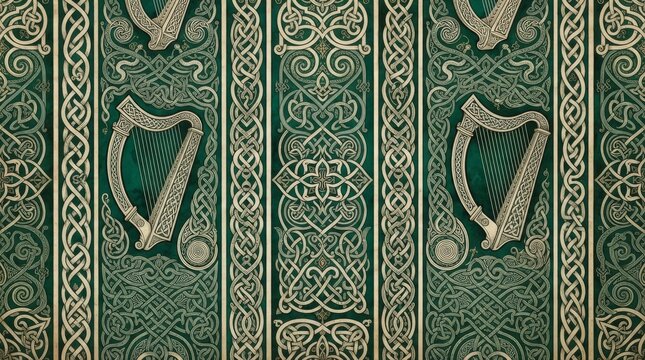 Vertical striped seamless celtic pattern featuring ornate golden harps and detailed medieval knotwork on a dark green background