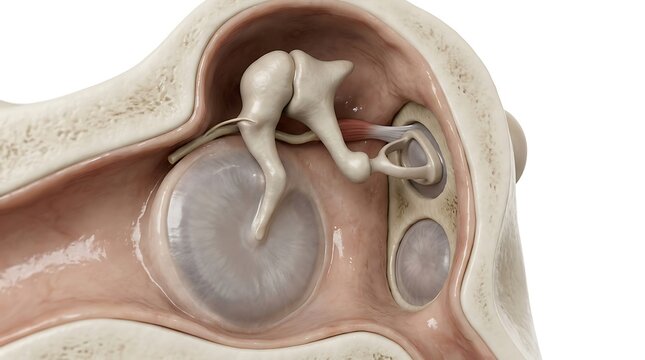 3D render of the human middle ear anatomy showing the ossicles including the malleus, incus, and stapes bones connected to the tympanic membrane in a detailed medical cross section view