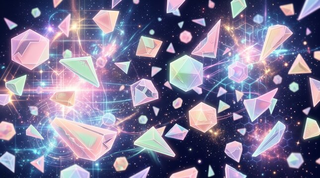 Abstract Space Background With Floating Pastel Geometric Crystals And Radiant Glowing Light Particles