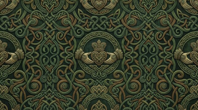 Rich emerald green tapestry seamless pattern featuring intricate celtic embroidery and golden royal symbols in circular medallions