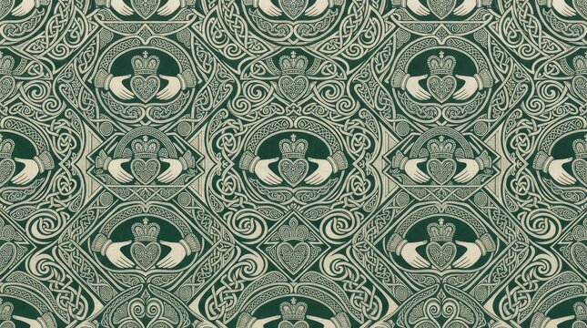 Dark green and white repeating pattern fabric featuring intricate geometric and crown motifs geometric design crown motif ornament