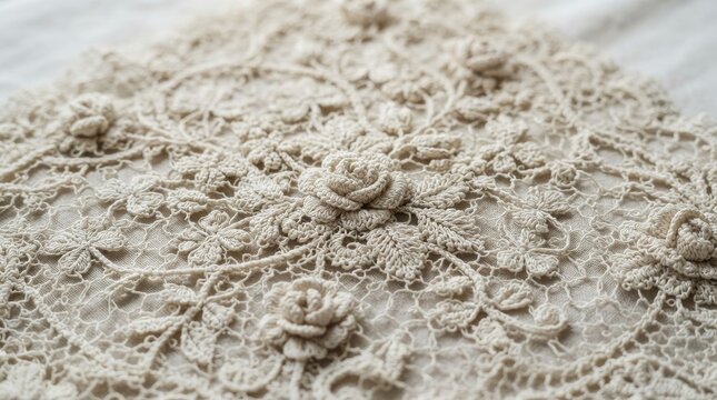 Beige handmade crochet lace fabric with floral rose motifs and detailed yarn texture rose motif handmade textile knitted fabric
