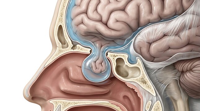 Detailed anatomical cross section of the human head featuring the nasal cavity, sinuses, pituitary gland region, and the base of the brain in a professional medical illustration style