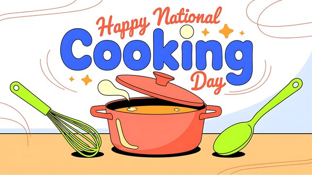 Happy national cooking day illustration with red pot and kitchen utensils vector graphic wooden spoon food prepara