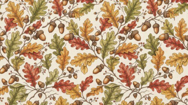 Seamless autumn pattern featuring colorful oak leaves and acorns in watercolor style watercolor background fall foliage seamless
