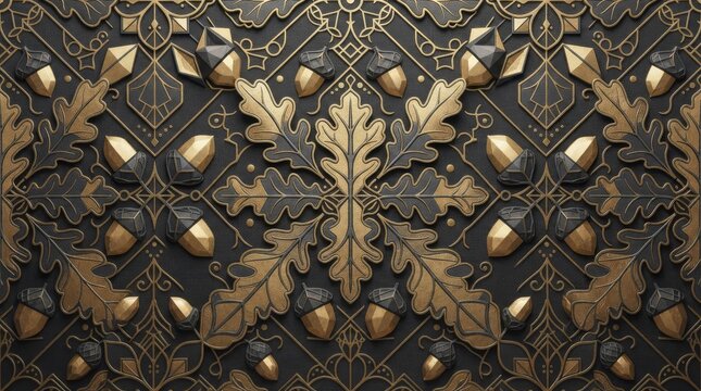 Ornate metallic gold and dark iron baroque pattern with acorns and oak leaves baroque design metallic texture luxury background