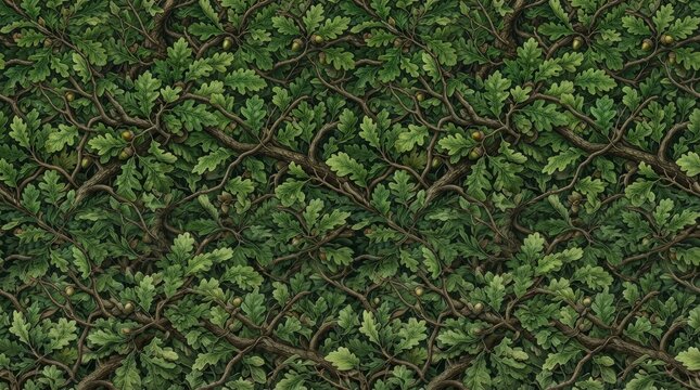 Dense green forest canopy texture with lush oak leaves and intertwining branches oak foliage nature texture tree background