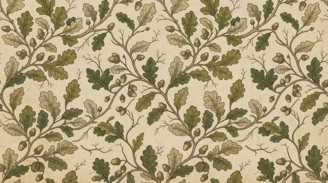 Seamless oak leaf and twig pattern in green and beige with background wallpaper botanical woodland illustration decorative