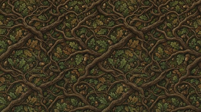 Dense forest floor texture with entangled roots and fallen leaves background woodland wilderness environment interwoven