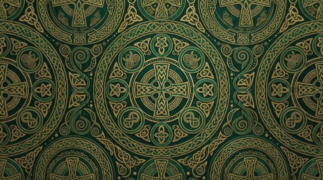 Ornate gold and green circular vintage arabesque pattern wallpaper with circular design vintage ornament green background circular