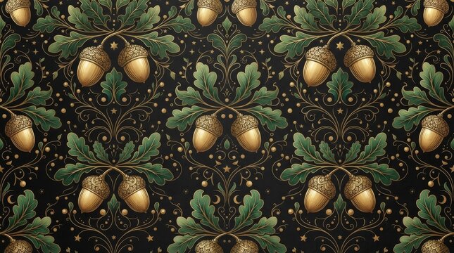 Luxurious dark seamless pattern with golden acorns and oak leaves oak leaf background wallpaper botanical illustration ornament