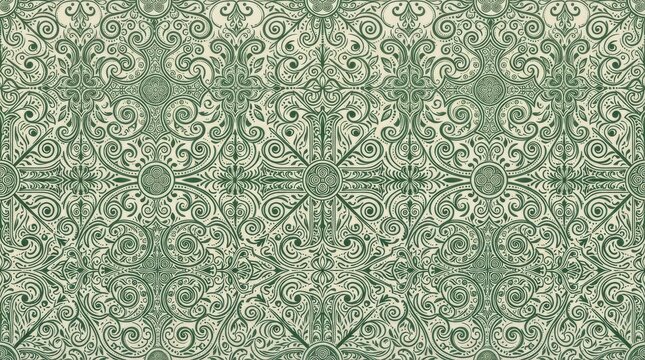 Intricate green and cream vintage damask floral textile pattern with cream background intricate design ornate motif classical repe