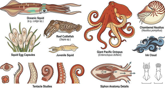 Cephalopod Marine Life Collection Featuring Octopus Squid Cuttlefish and Nautilus Educational Vector Set