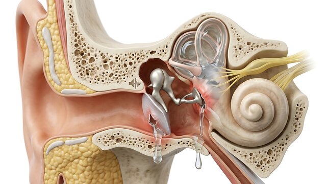 Detailed anatomical cross-section of the human ear including the auditory canal, eardrum, ossicles and cochlea showing fluid accumulation and pressure in the middle ear