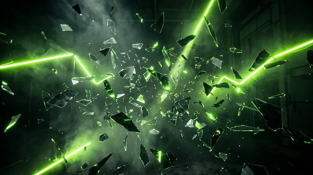 Dynamic Explosion Of Glass Shards With Glowing Green Laser Beams In A Dark Industrial Space