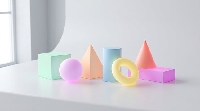 Pastel Geometric Three Dimensional Shapes Standing On A Bright White Surface With Soft Studio Lighting