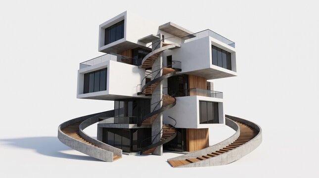 Contemporary Modular House 3D Render Features Exterior Spiral Staircase Minimalist Concrete Architecture Isolated White Background