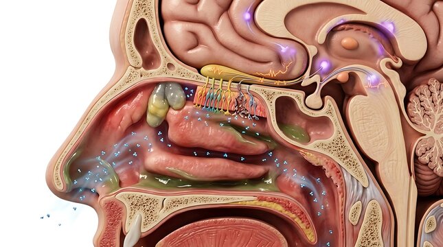 Anatomical Cross Section of Human Nasal Cavity and Olfactory System Showing Nerve Pathways and Sensory Cells